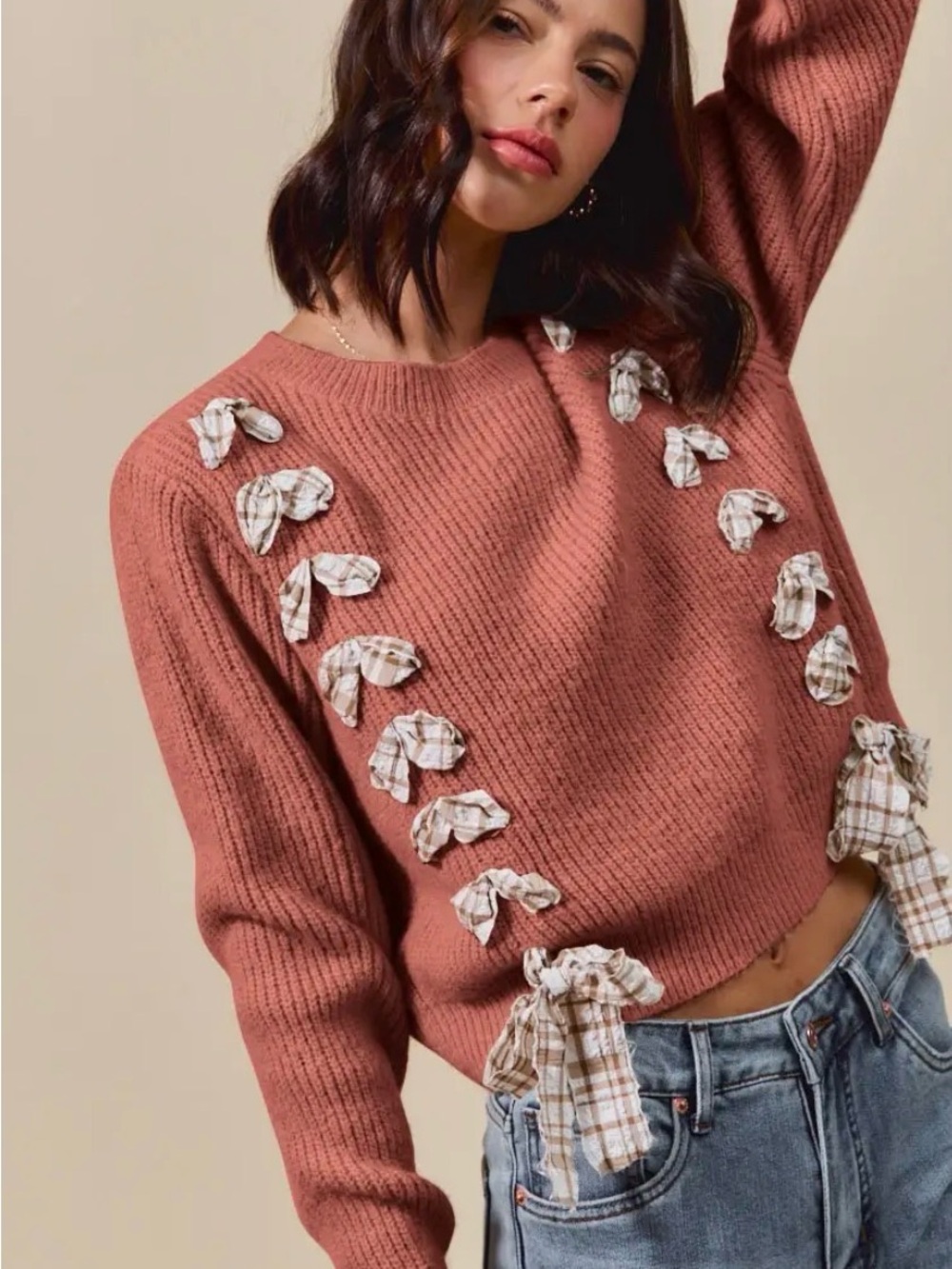 So Me Rosewood Crewneck Sweater with Plaid Bow Accents NWT #D32